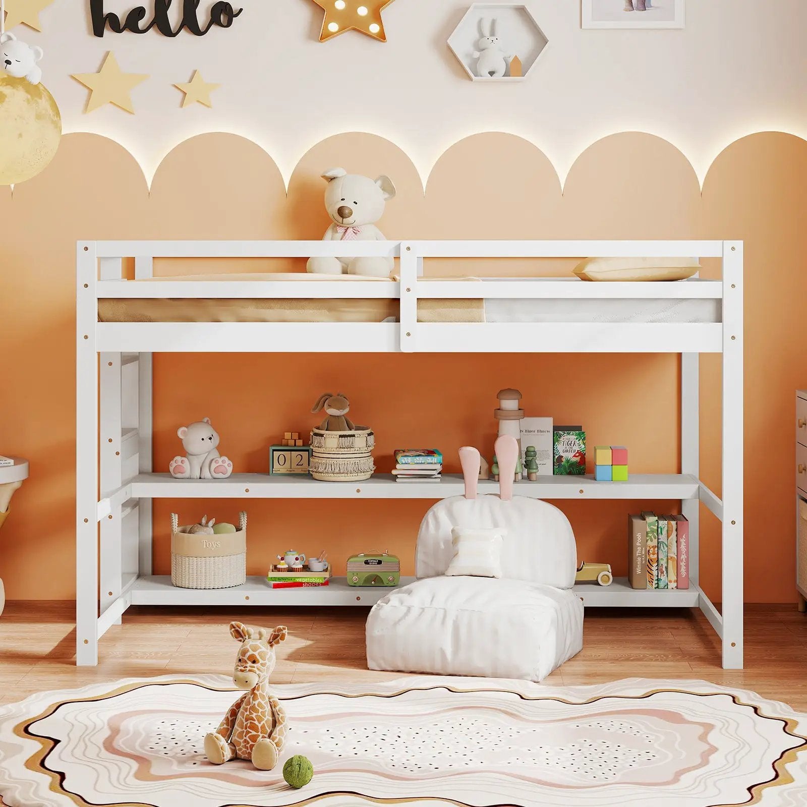 Twin Size Loft Bed with Storage Shelves Full-length Guardrails and Ladder-White by DirectDeals