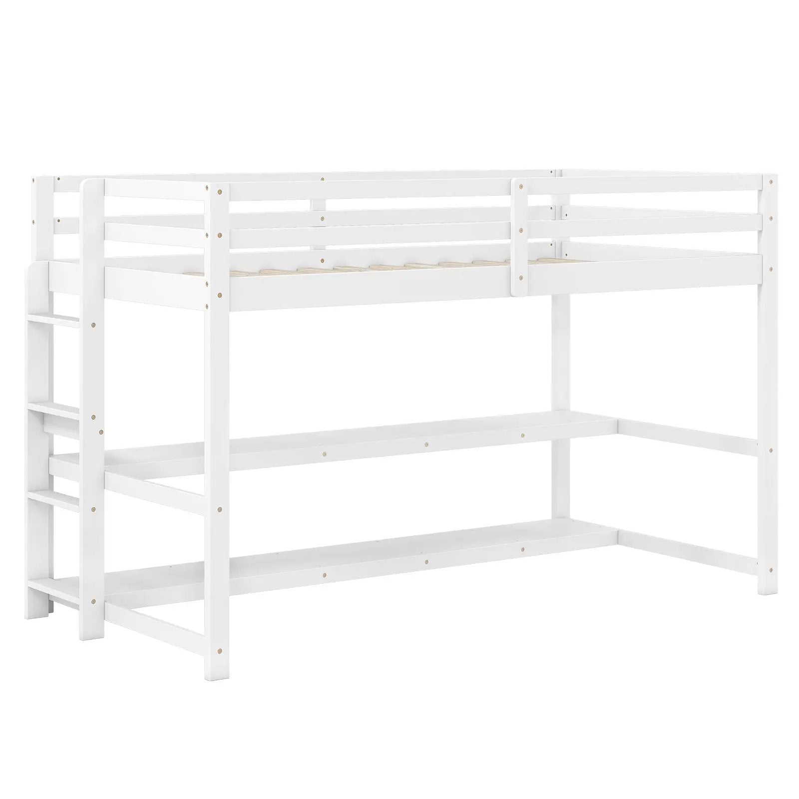 Twin Size Loft Bed with Storage Shelves Full-length Guardrails and Ladder-White by DirectDeals