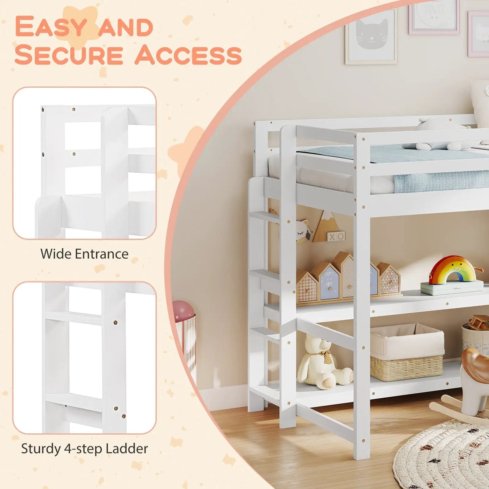 Twin Size Loft Bed with Storage Shelves Full-length Guardrails and Ladder-White by DirectDeals