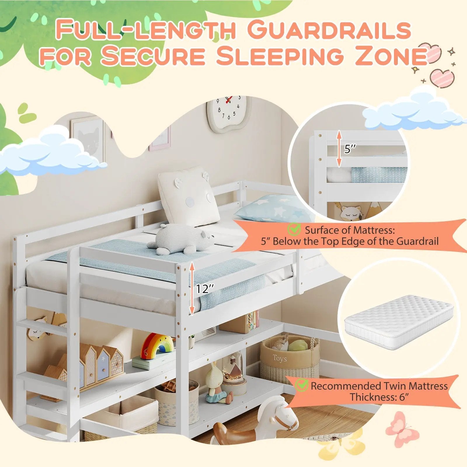 Twin Size Loft Bed with Storage Shelves Full-length Guardrails and Ladder-White by DirectDeals