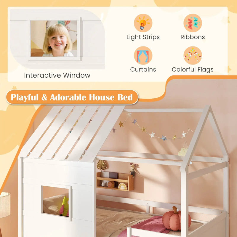 Twin Size Loft Bed with LED Lights Roof Window and Storage Bookshelf-White by DirectDeals