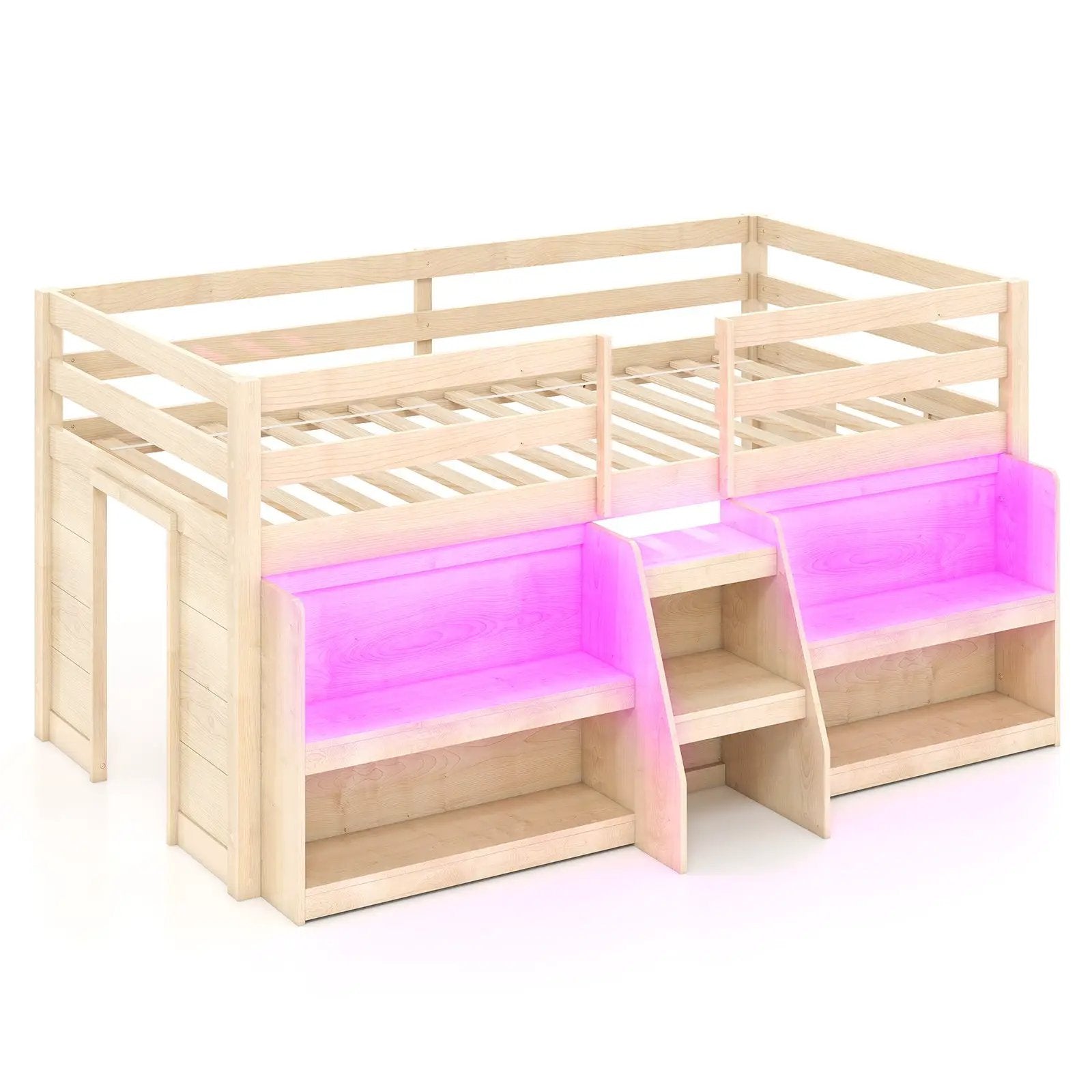 Twin Size Loft Bed with LED Lights with Staircase and Safety Guardrail by DirectDeals