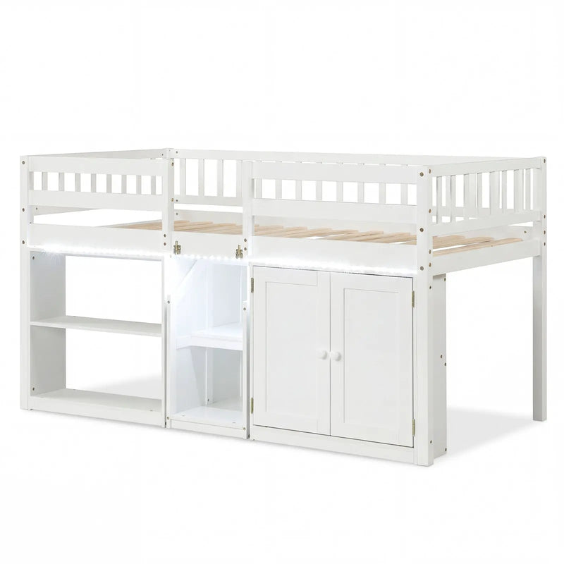 Twin Size Loft Bed with LED Lights and Kids Wooden Bed Frame by DirectDeals