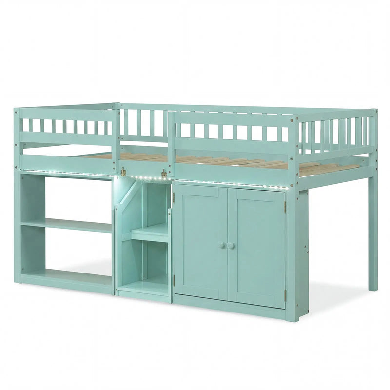 Twin Size Loft Bed with LED Lights and Kids Wooden Bed Frame by DirectDeals