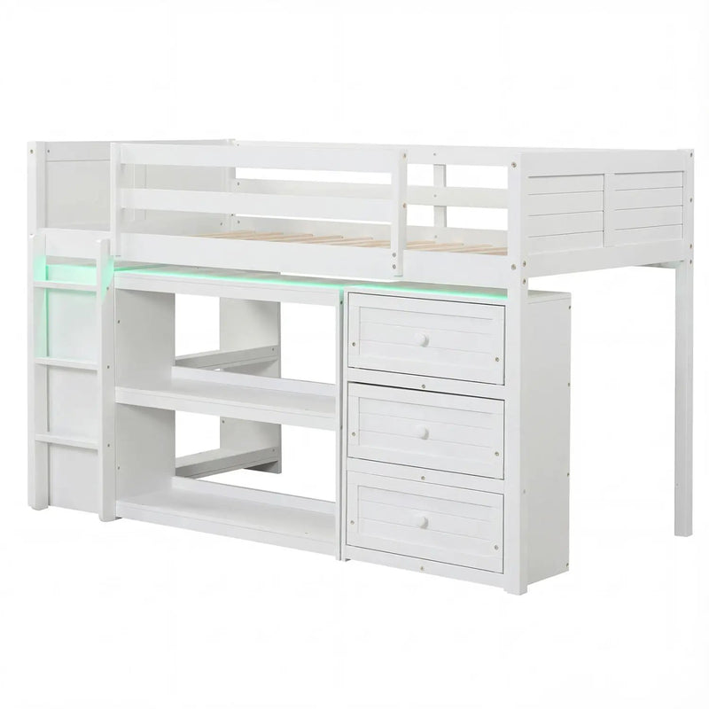 Twin Size Loft Bed with LED Lights and Underbed Space for Kids by DirectDeals