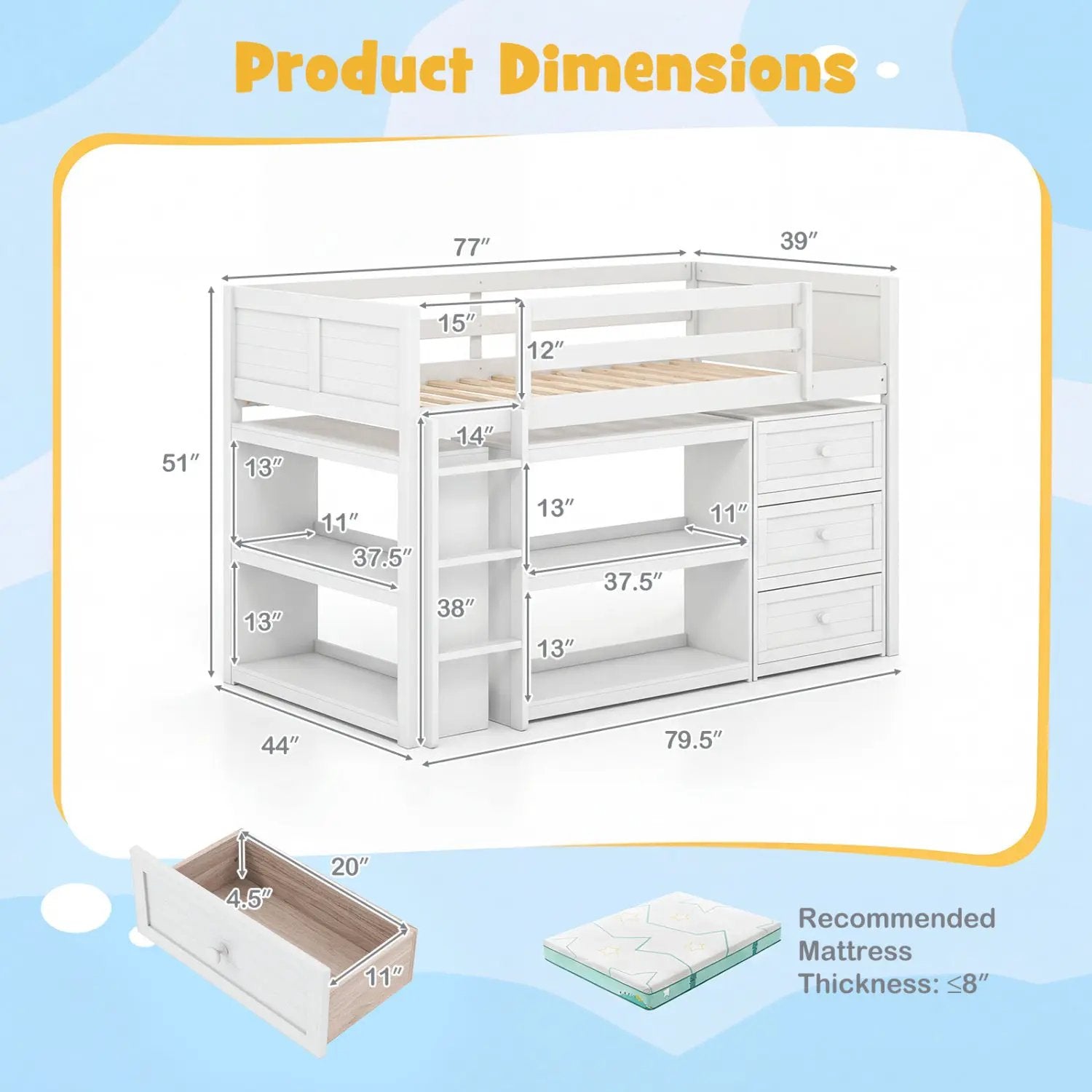 Twin Size Loft Bed with LED Lights and Underbed Space for Kids by DirectDeals