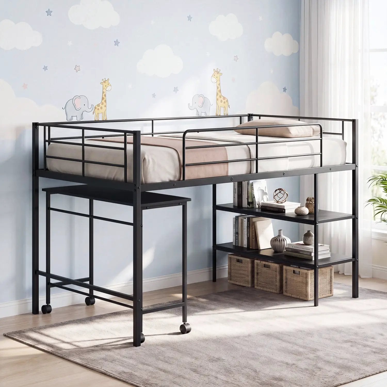 Twin Size Loft Bed with Rolling Desk and Bookshelf Platform Bed Frame by DirectDeals
