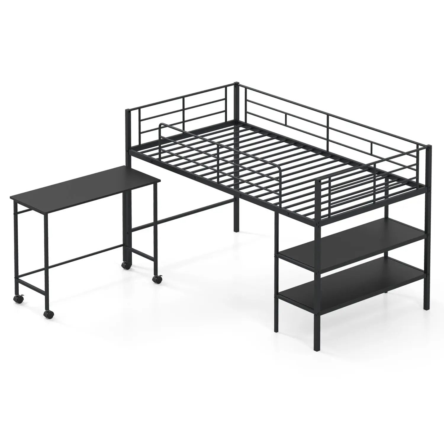 Twin Size Loft Bed with Rolling Desk and Bookshelf Platform Bed Frame by DirectDeals