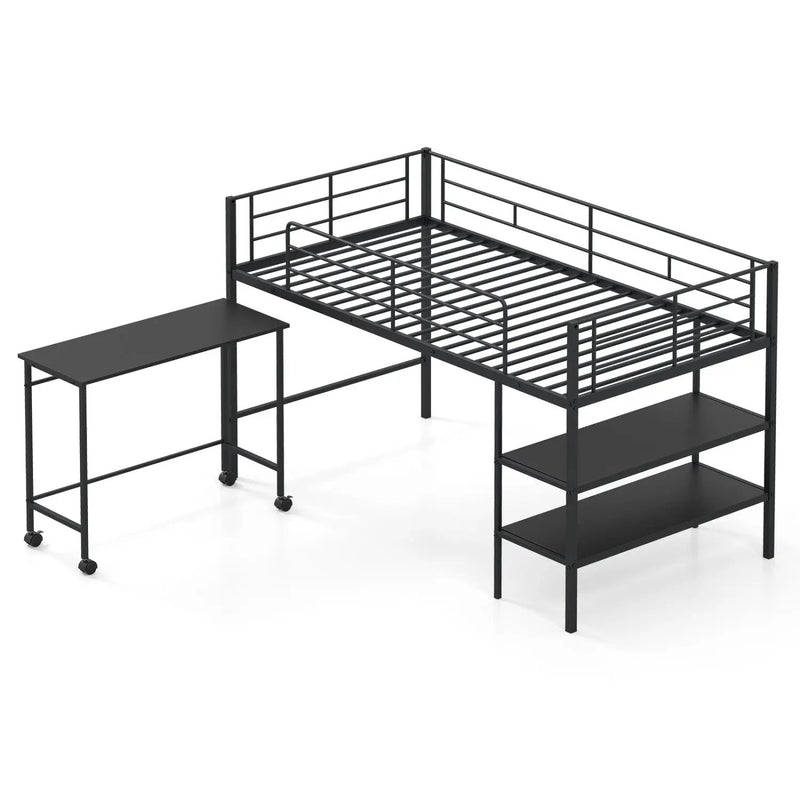 Twin Size Loft Bed with Rolling Desk and Bookshelf Platform Bed Frame by DirectDeals