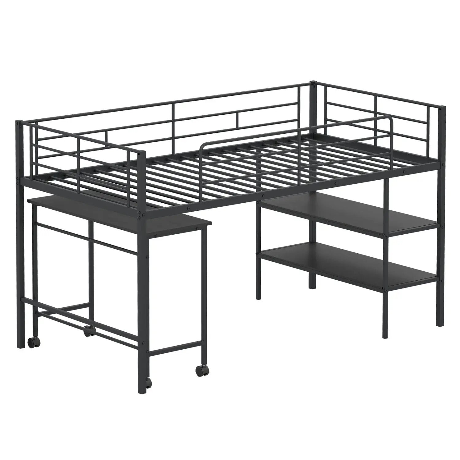 Twin Size Loft Bed with Rolling Desk and Bookshelf Platform Bed Frame by DirectDeals