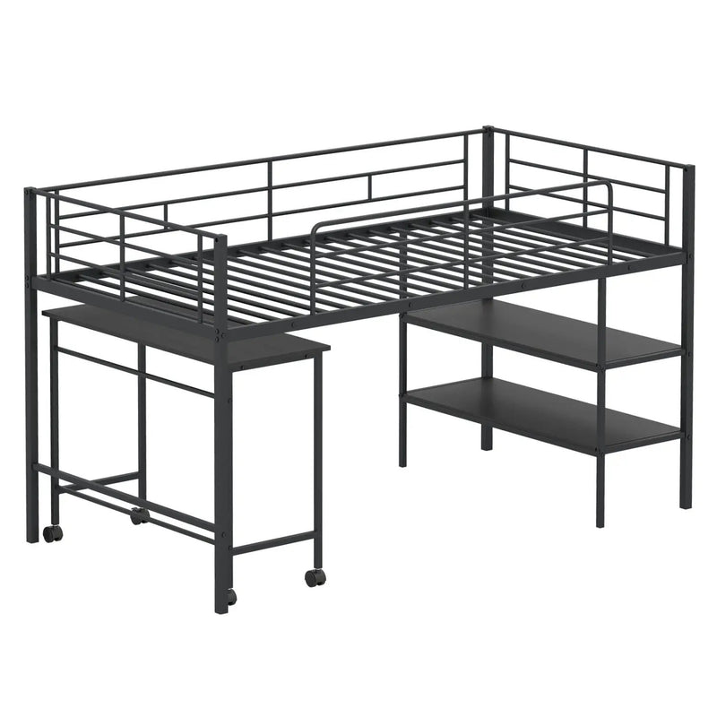Twin Size Loft Bed with Rolling Desk and Bookshelf Platform Bed Frame by DirectDeals