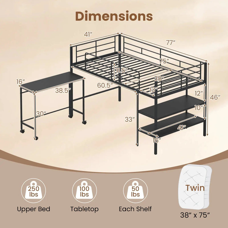 Twin Size Loft Bed with Rolling Desk and Bookshelf Platform Bed Frame by DirectDeals