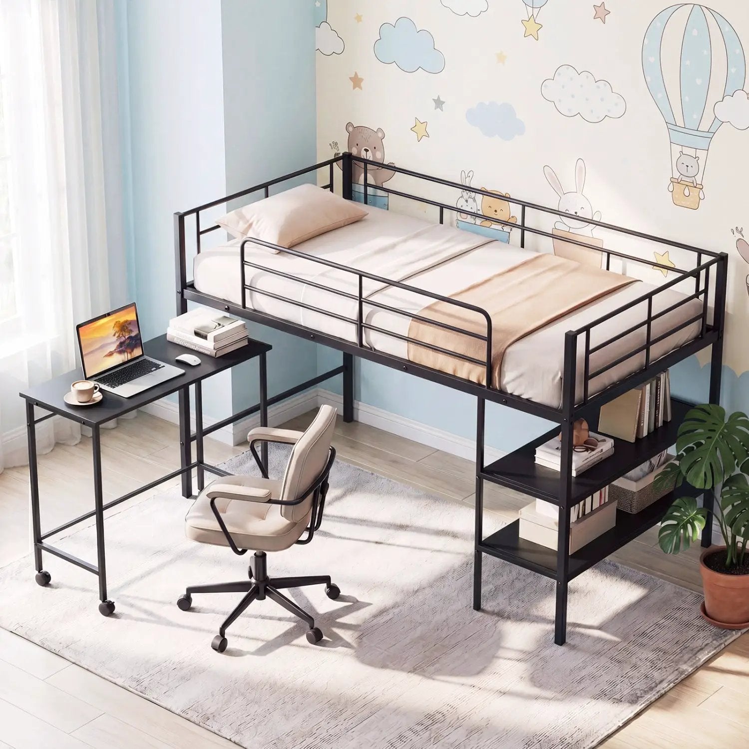 Twin Size Loft Bed with Rolling Desk and Bookshelf Platform Bed Frame by DirectDeals