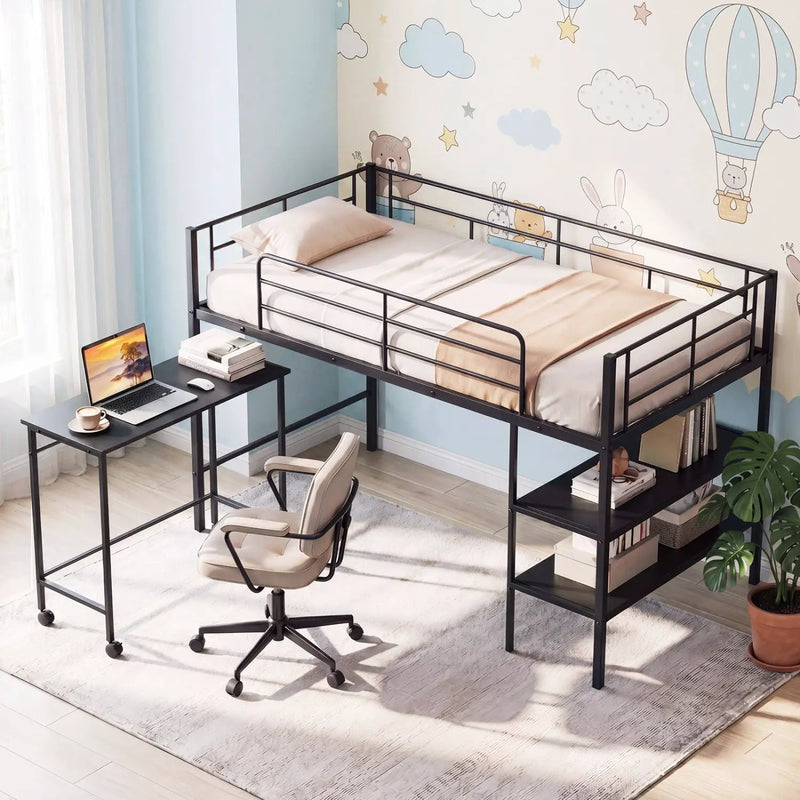 Twin Size Loft Bed with Rolling Desk and Bookshelf Platform Bed Frame by DirectDeals