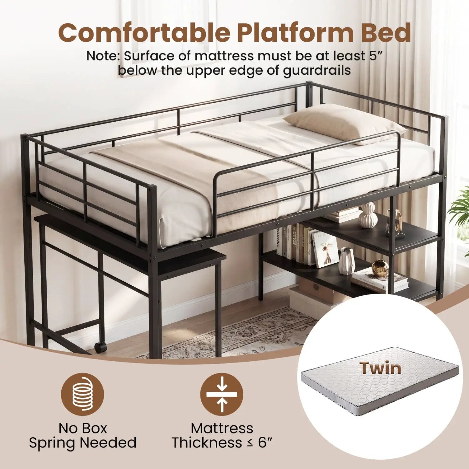 Twin Size Loft Bed with Rolling Desk and Bookshelf Platform Bed Frame by DirectDeals