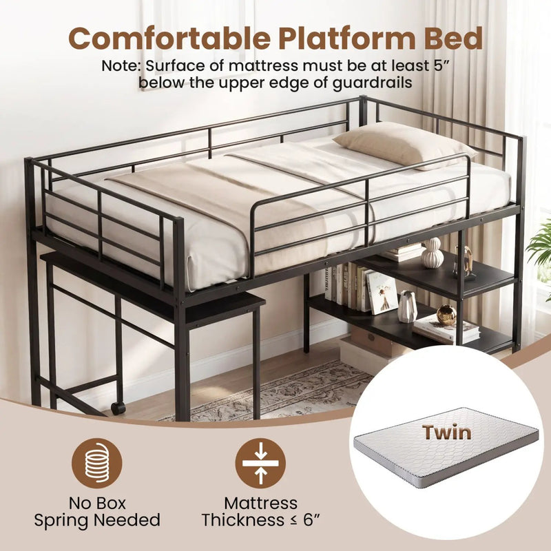 Twin Size Loft Bed with Rolling Desk and Bookshelf Platform Bed Frame by DirectDeals
