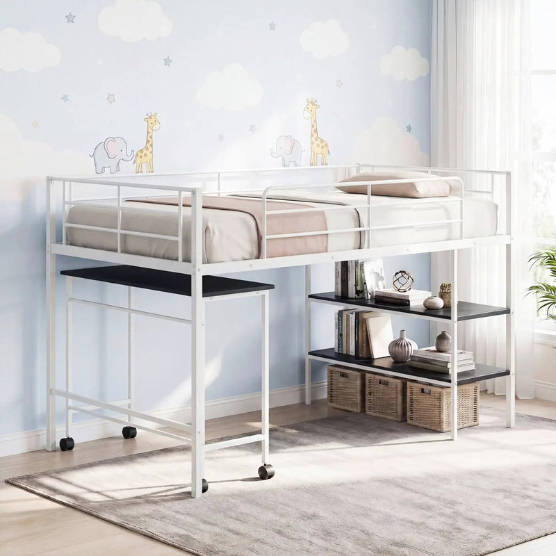 Twin Size Loft Bed with Rolling Desk and Bookshelf Platform Bed Frame by DirectDeals