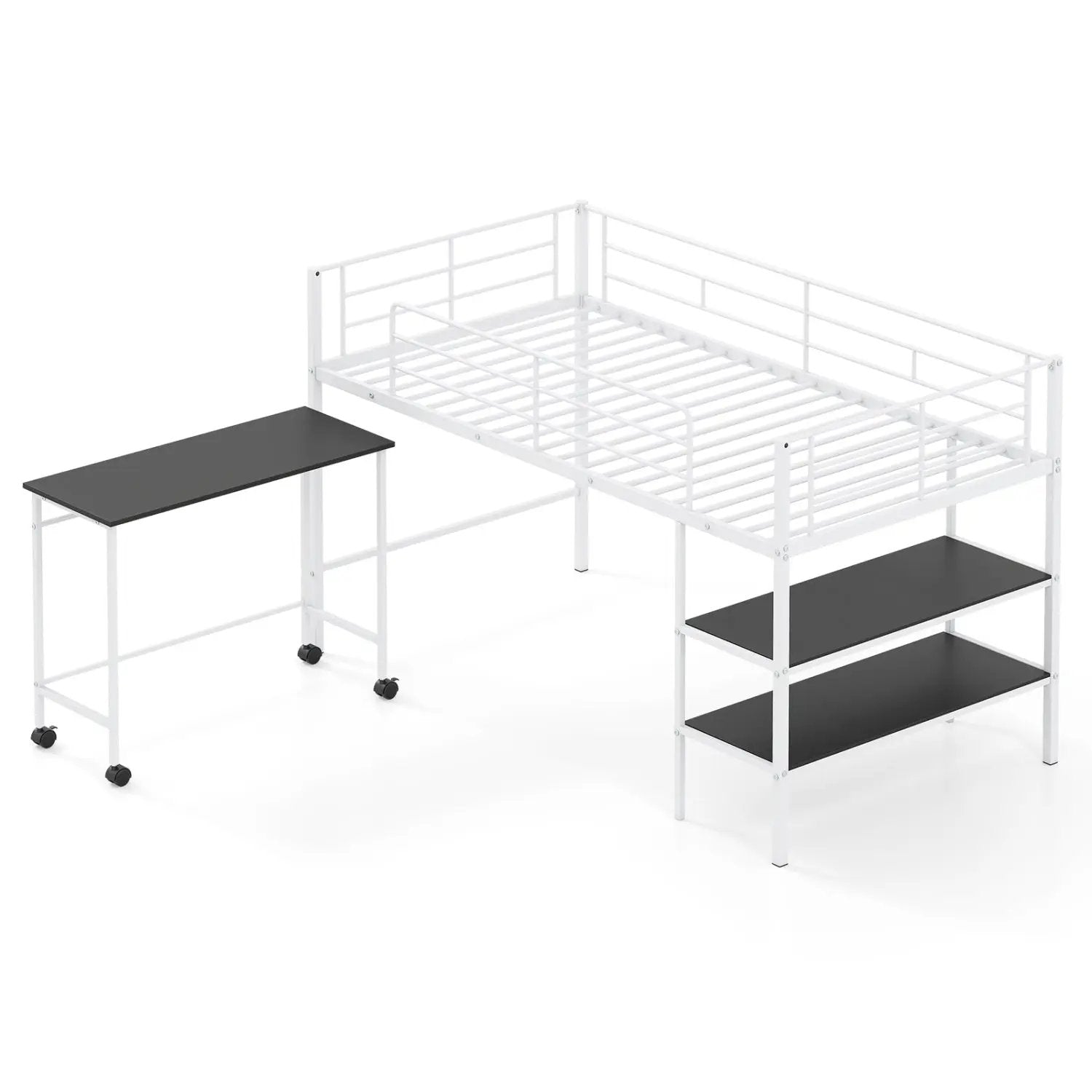 Twin Size Loft Bed with Rolling Desk and Bookshelf Platform Bed Frame by DirectDeals