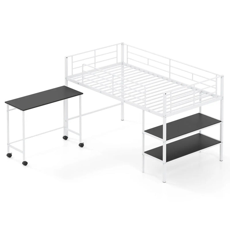 Twin Size Loft Bed with Rolling Desk and Bookshelf Platform Bed Frame by DirectDeals