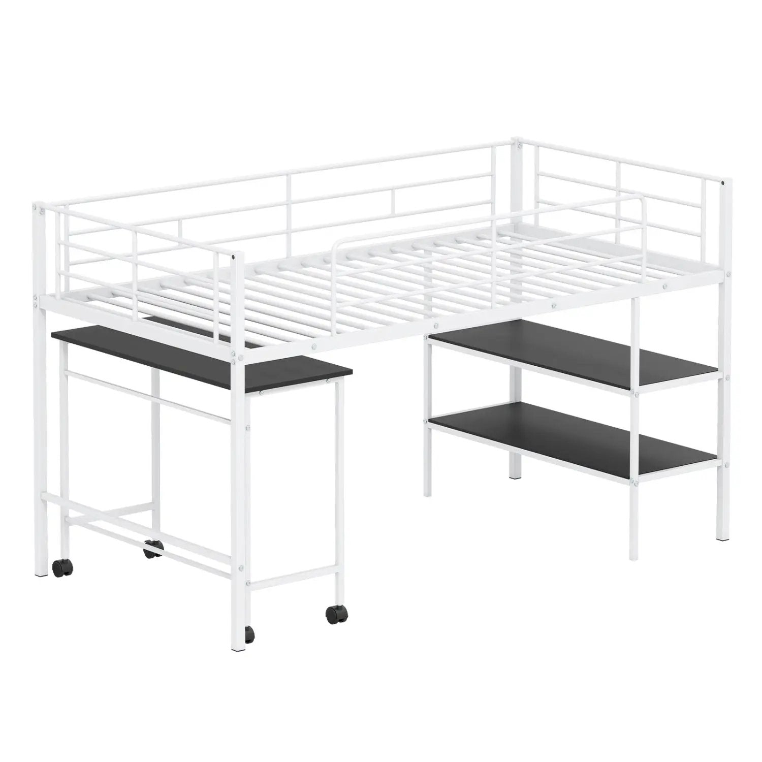 Twin Size Loft Bed with Rolling Desk and Bookshelf Platform Bed Frame by DirectDeals