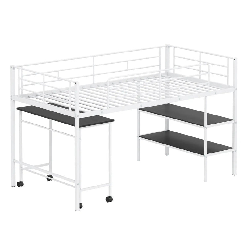 Twin Size Loft Bed with Rolling Desk and Bookshelf Platform Bed Frame by DirectDeals