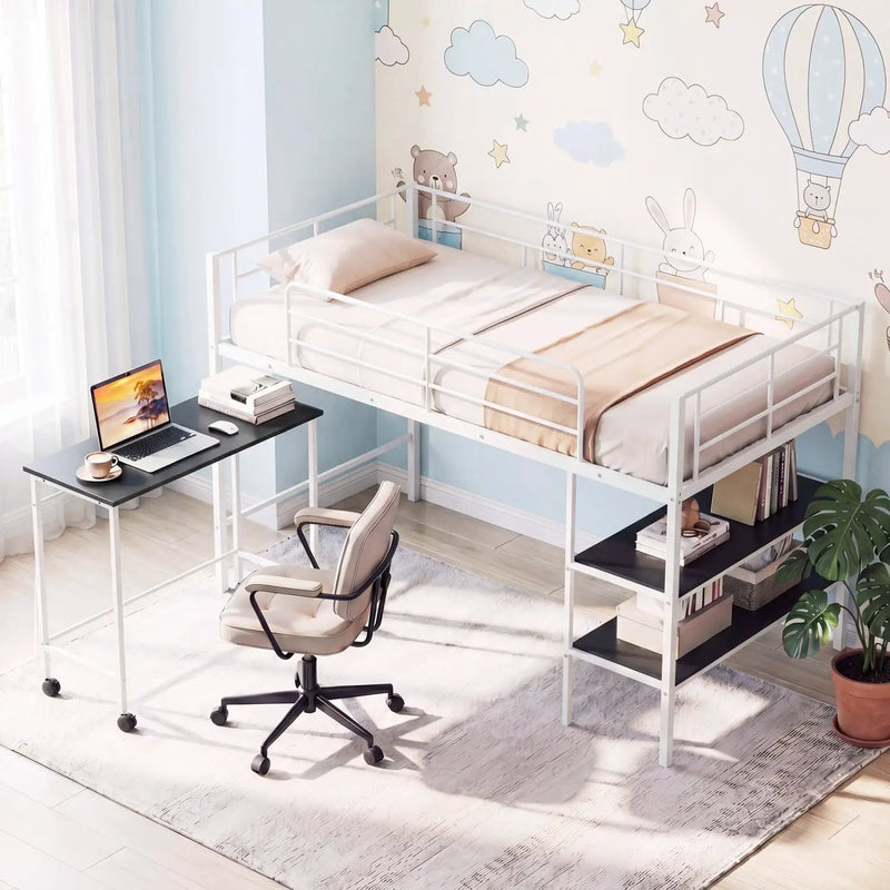 Twin Size Loft Bed with Rolling Desk and Bookshelf Platform Bed Frame by DirectDeals