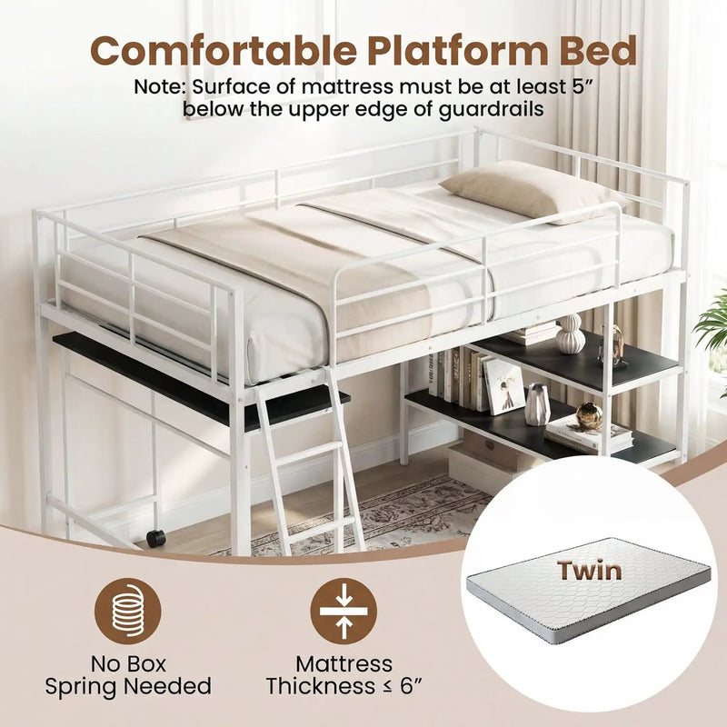 Twin Size Loft Bed with Rolling Desk and Bookshelf Platform Bed Frame by DirectDeals