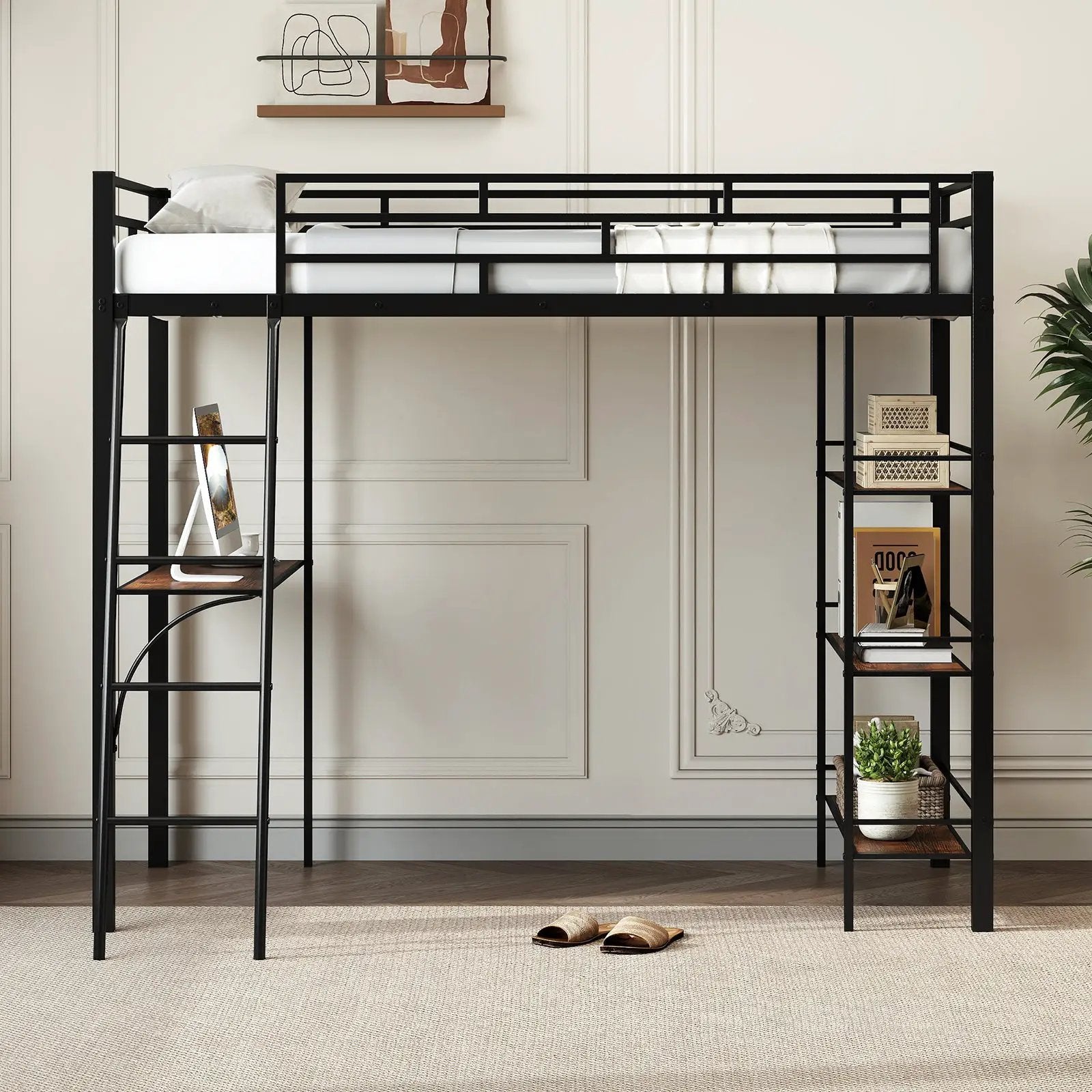 Twin Size Loft Bed with Desk and Shelves for Kids and Home-Black by DirectDeals