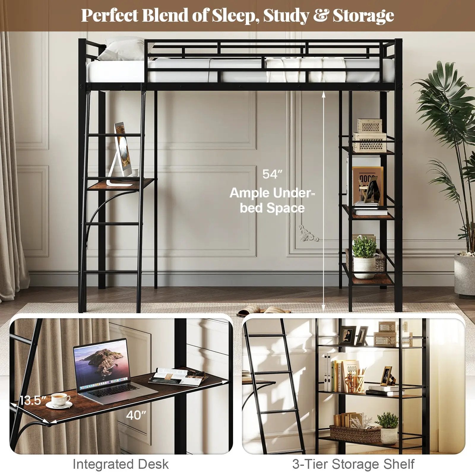 Twin Size Loft Bed with Desk and Shelves for Kids and Home-Black by DirectDeals