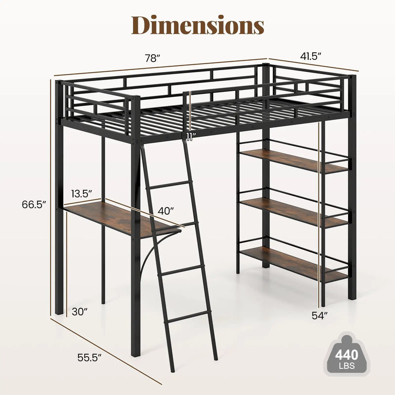 Twin Size Loft Bed with Desk and Shelves for Kids and Home-Black by DirectDeals