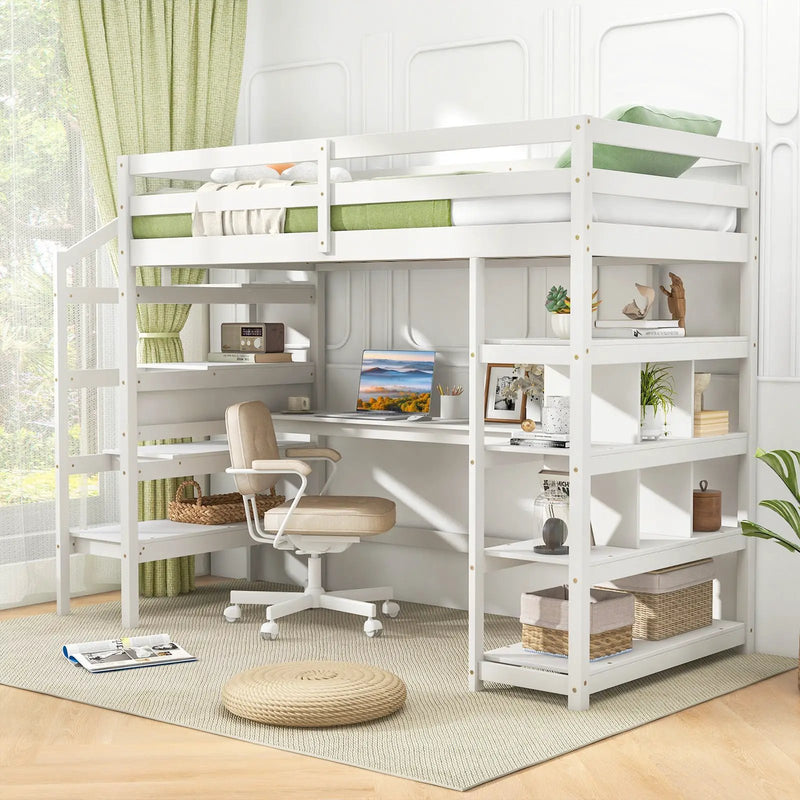Twin Size Loft Bed with Desk and Storage Stairs Loft Bed Frame with Shelves and Safety Guardrails-White by DirectDeals