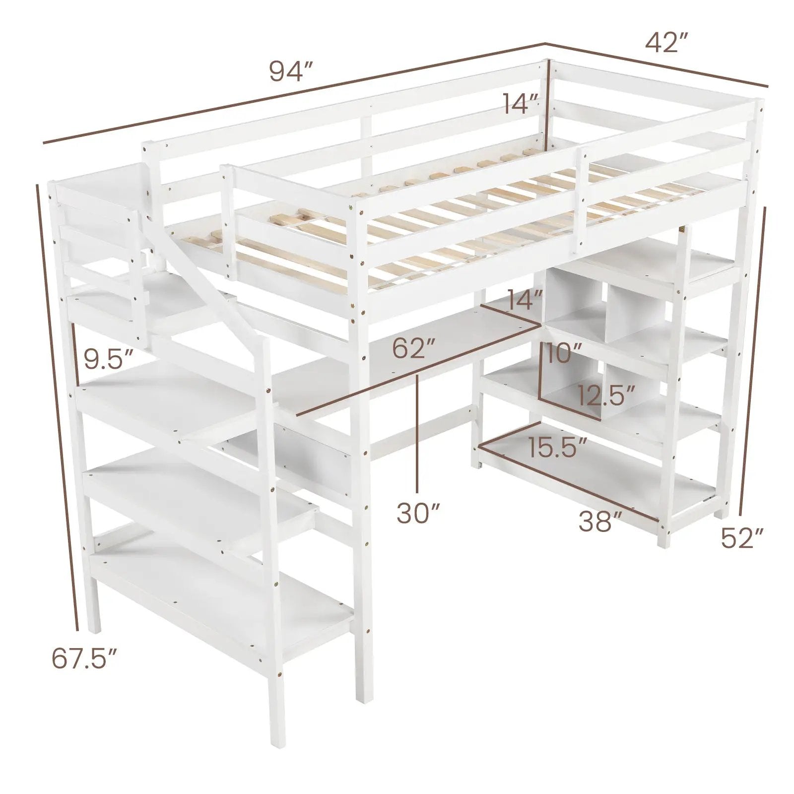 Twin Size Loft Bed with Desk and Storage Stairs Loft Bed Frame with Shelves and Safety Guardrails-White by DirectDeals