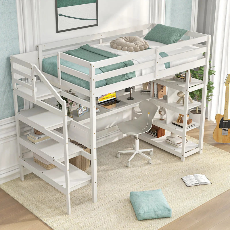 Twin Size Loft Bed with Desk and Storage Stairs Loft Bed Frame with Shelves and Safety Guardrails-White by DirectDeals