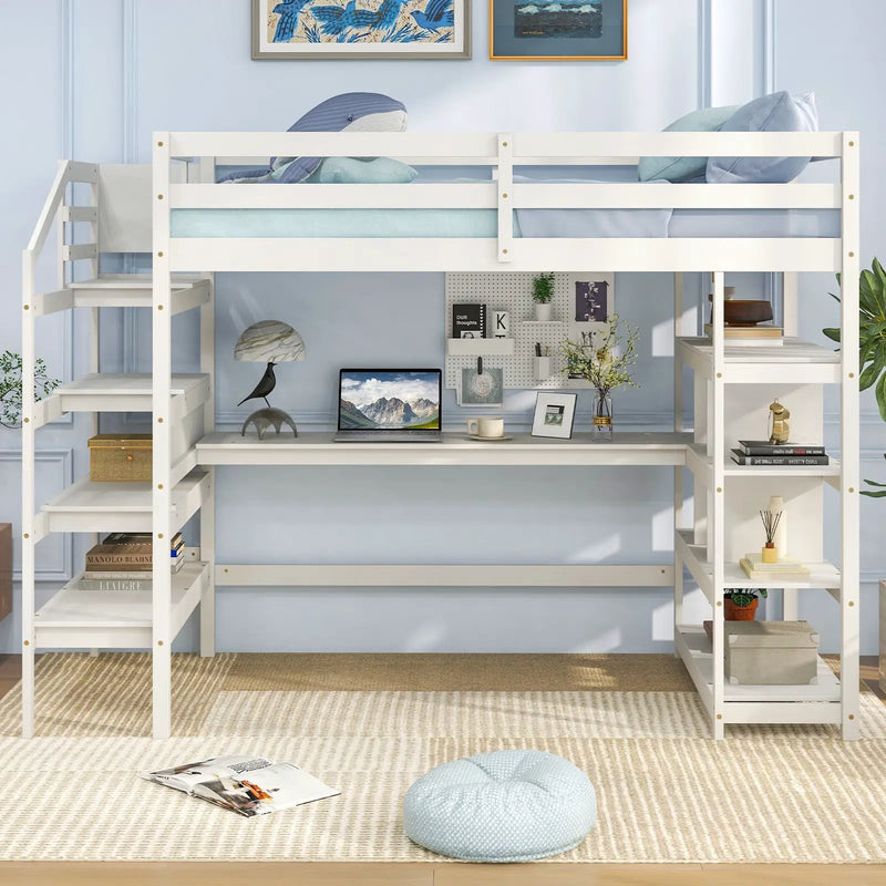 Twin Size Loft Bed with Desk and Storage Stairs Loft Bed Frame with Shelves and Safety Guardrails-White by DirectDeals