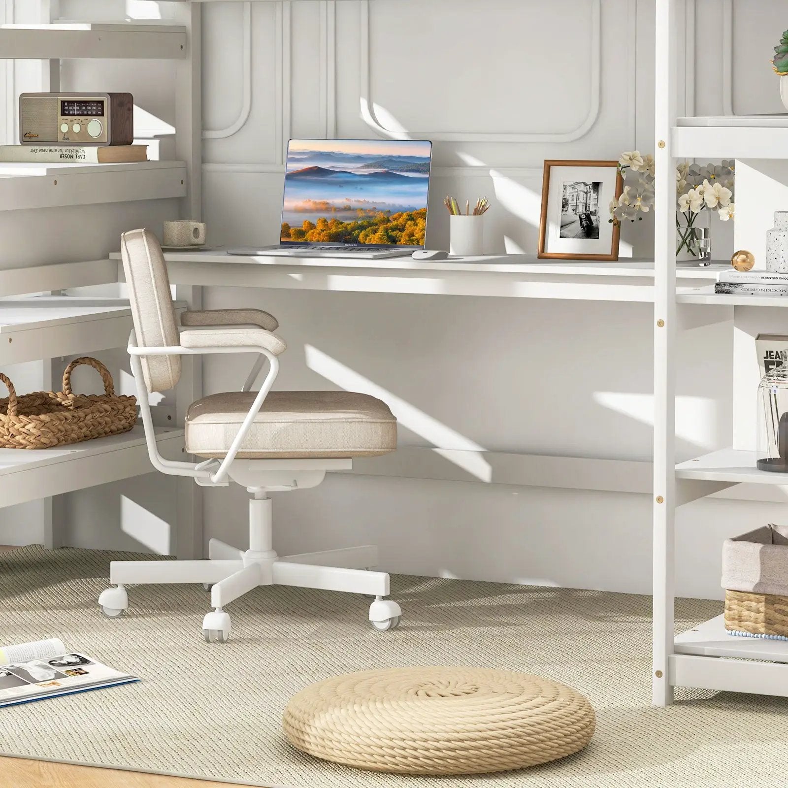 Twin Size Loft Bed with Desk and Storage Stairs Loft Bed Frame with Shelves and Safety Guardrails-White by DirectDeals