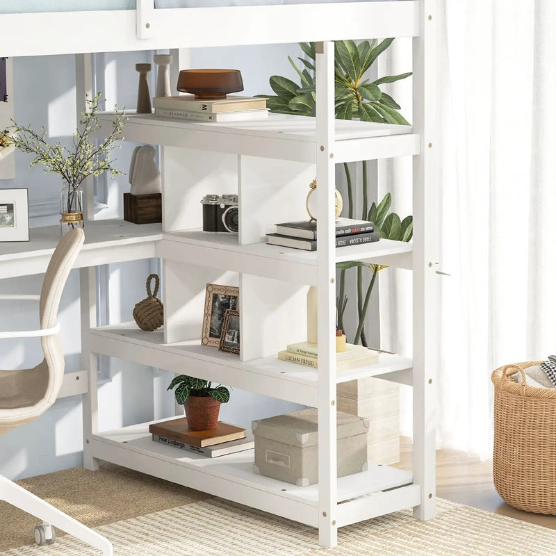 Twin Size Loft Bed with Desk and Storage Stairs Loft Bed Frame with Shelves and Safety Guardrails-White by DirectDeals