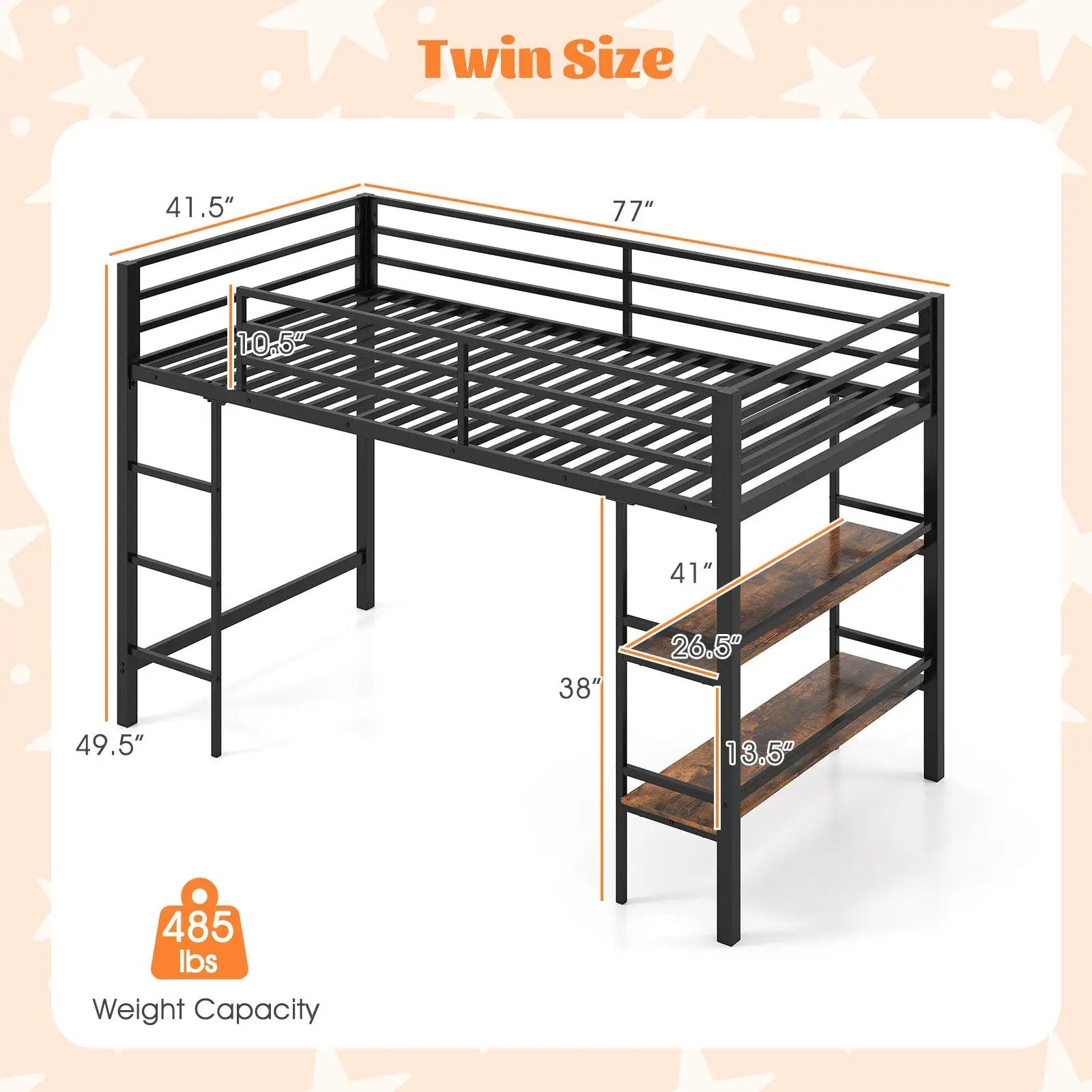 Twin Size Low Loft Bed with Ladder and Storage Shelves Metal Frame for Boys Girls-Black by DirectDeals