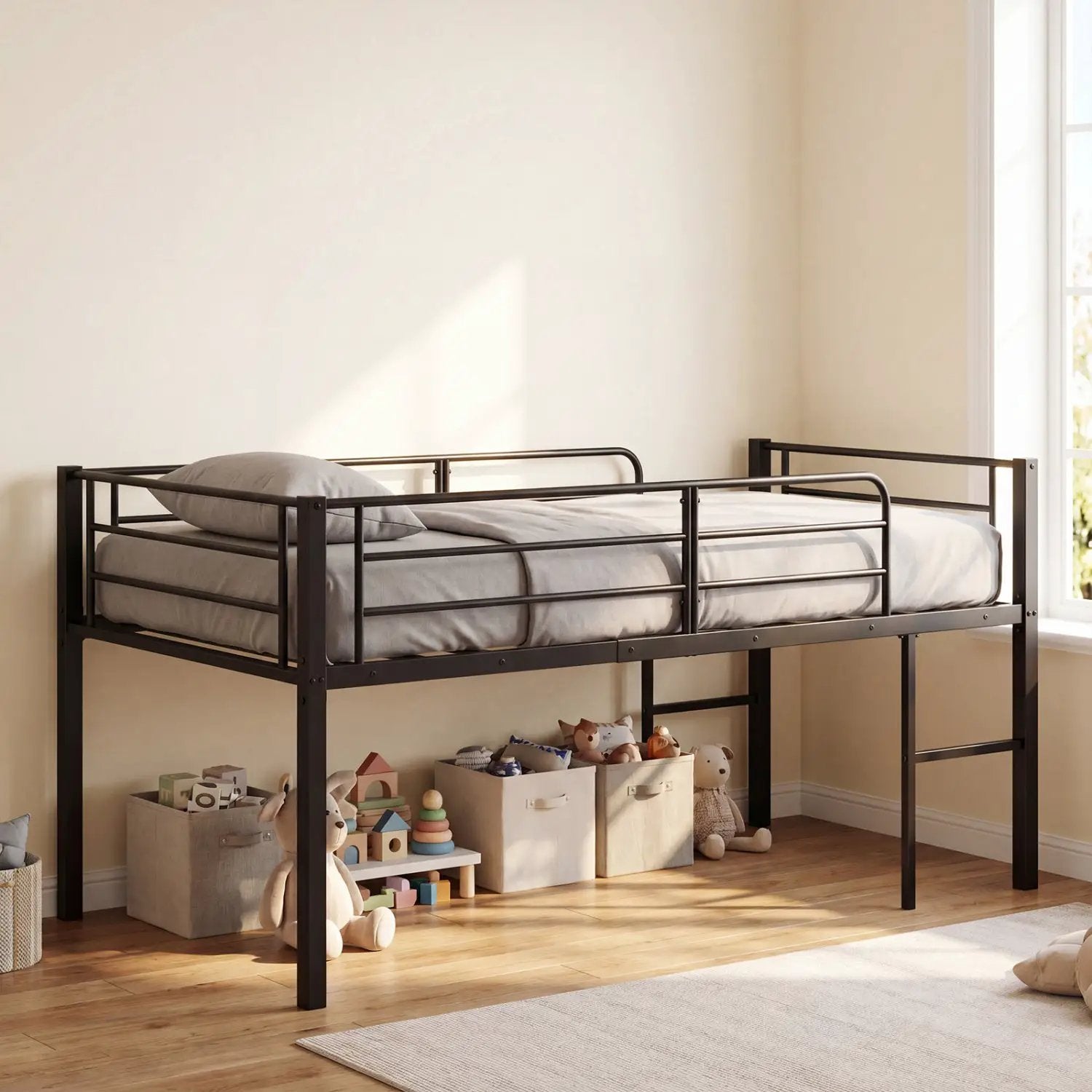 Twin Size Low Loft Bed with Safety Guardrails and 2 Ladders by DirectDeals