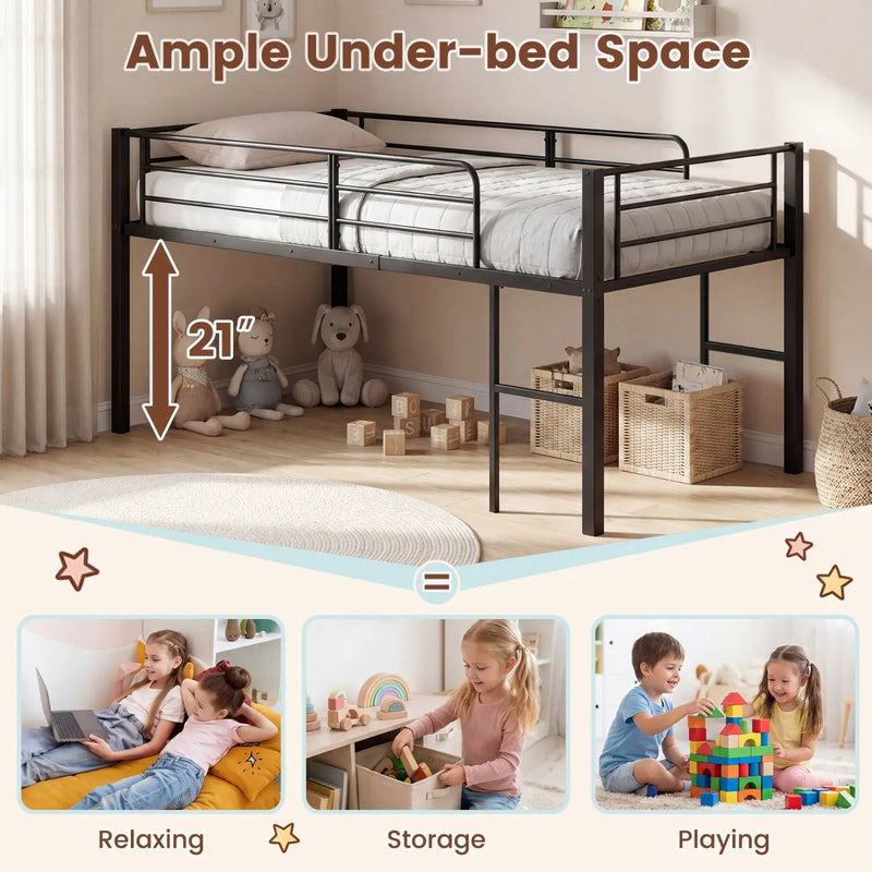 Twin Size Low Loft Bed with Safety Guardrails and 2 Ladders by DirectDeals