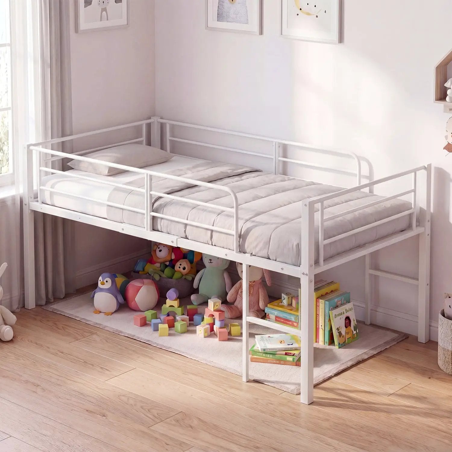 Twin Low Loft Bed with Safety Guardrails and 2 Ladders by DirectDeals