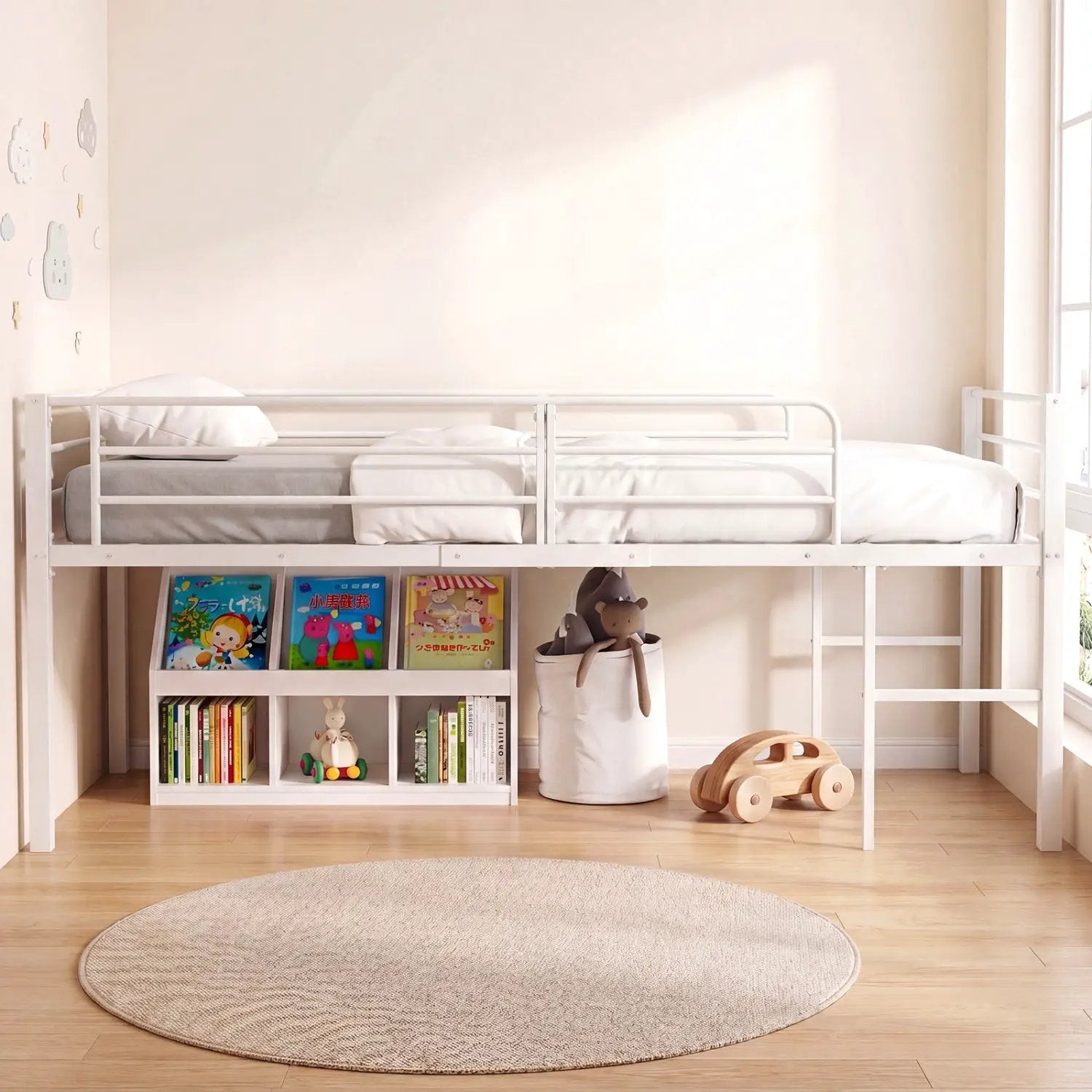 Twin Low Loft Bed with Safety Guardrails and 2 Ladders by DirectDeals