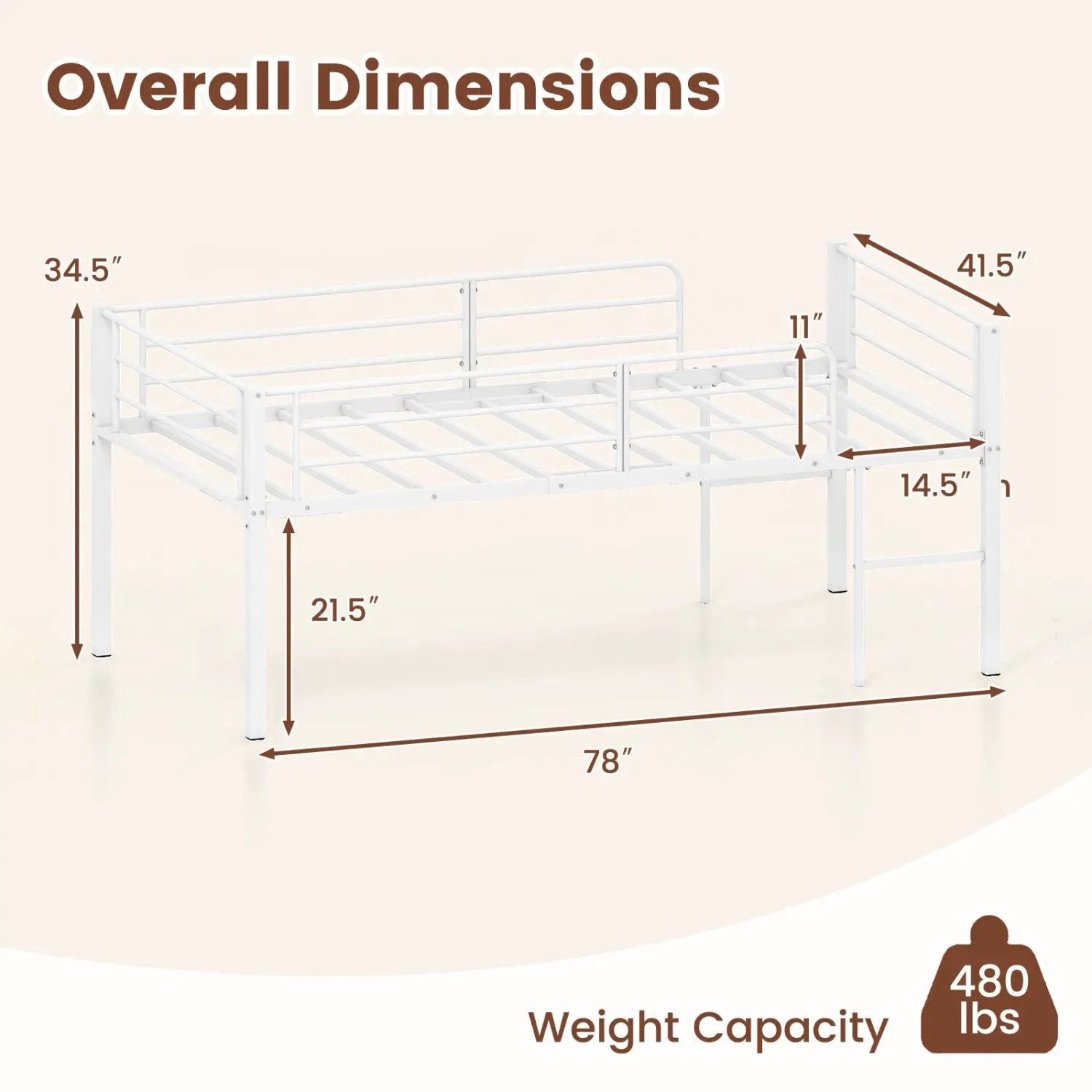 Twin Low Loft Bed with Safety Guardrails and 2 Ladders by DirectDeals