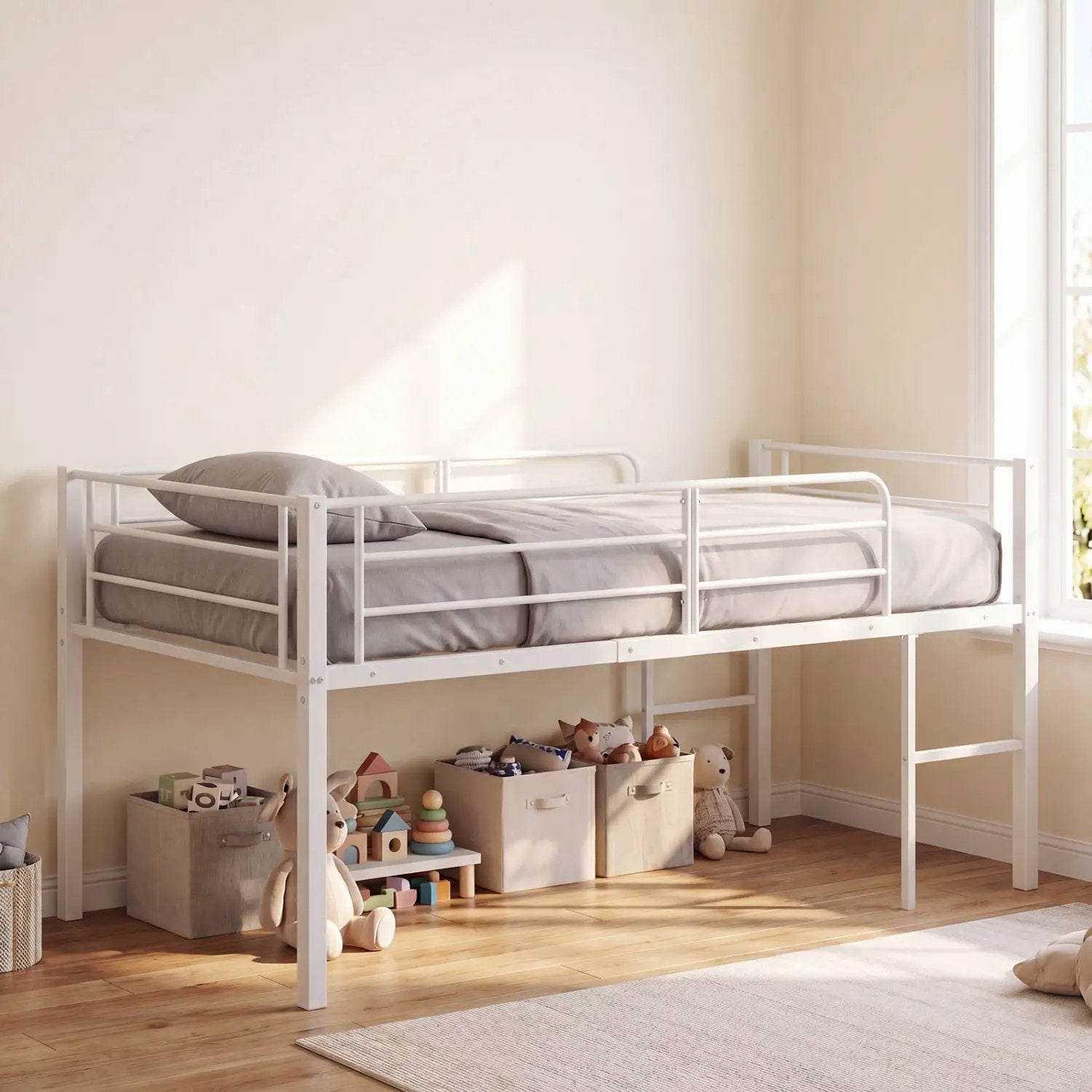 Twin Low Loft Bed with Safety Guardrails and 2 Ladders by DirectDeals