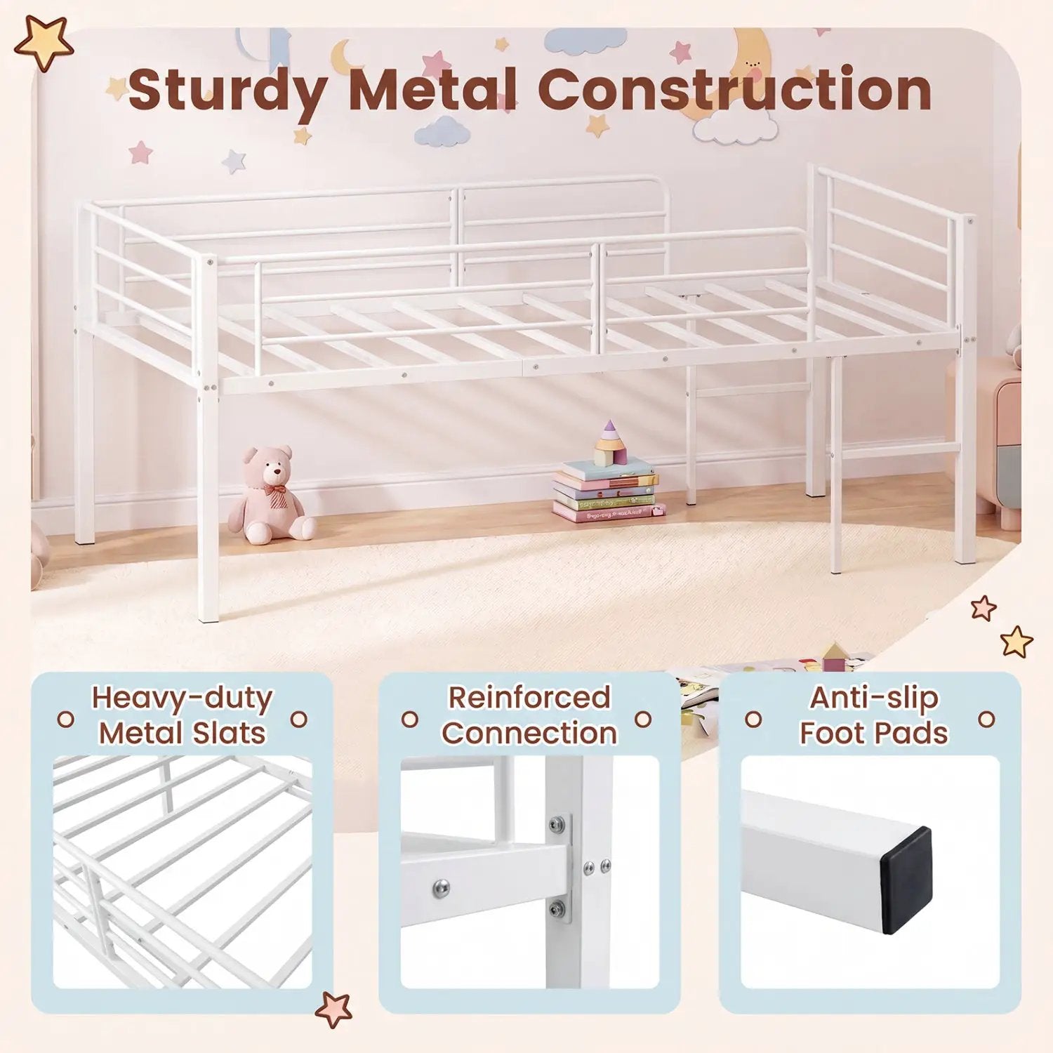 Twin Low Loft Bed with Safety Guardrails and 2 Ladders by DirectDeals