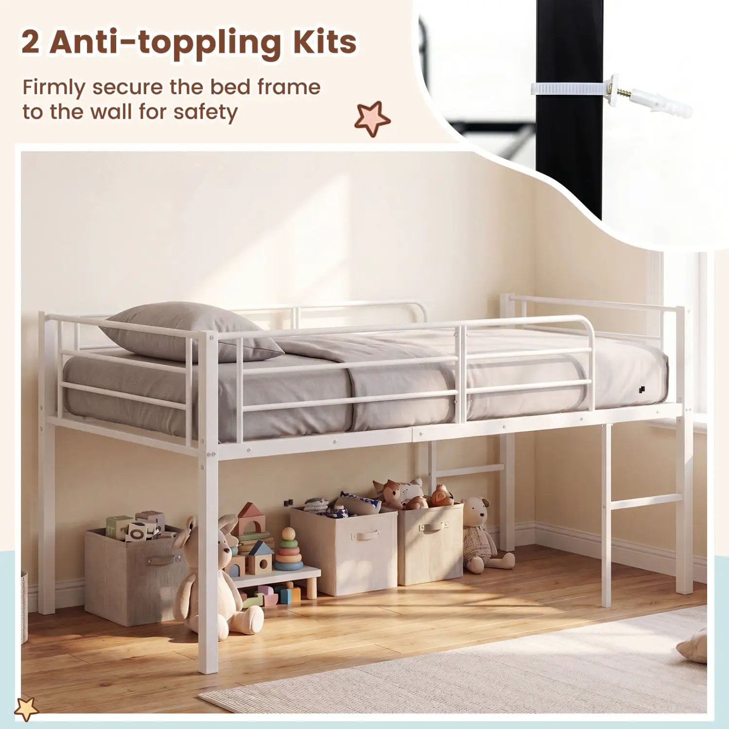 Twin Low Loft Bed with Safety Guardrails and 2 Ladders by DirectDeals