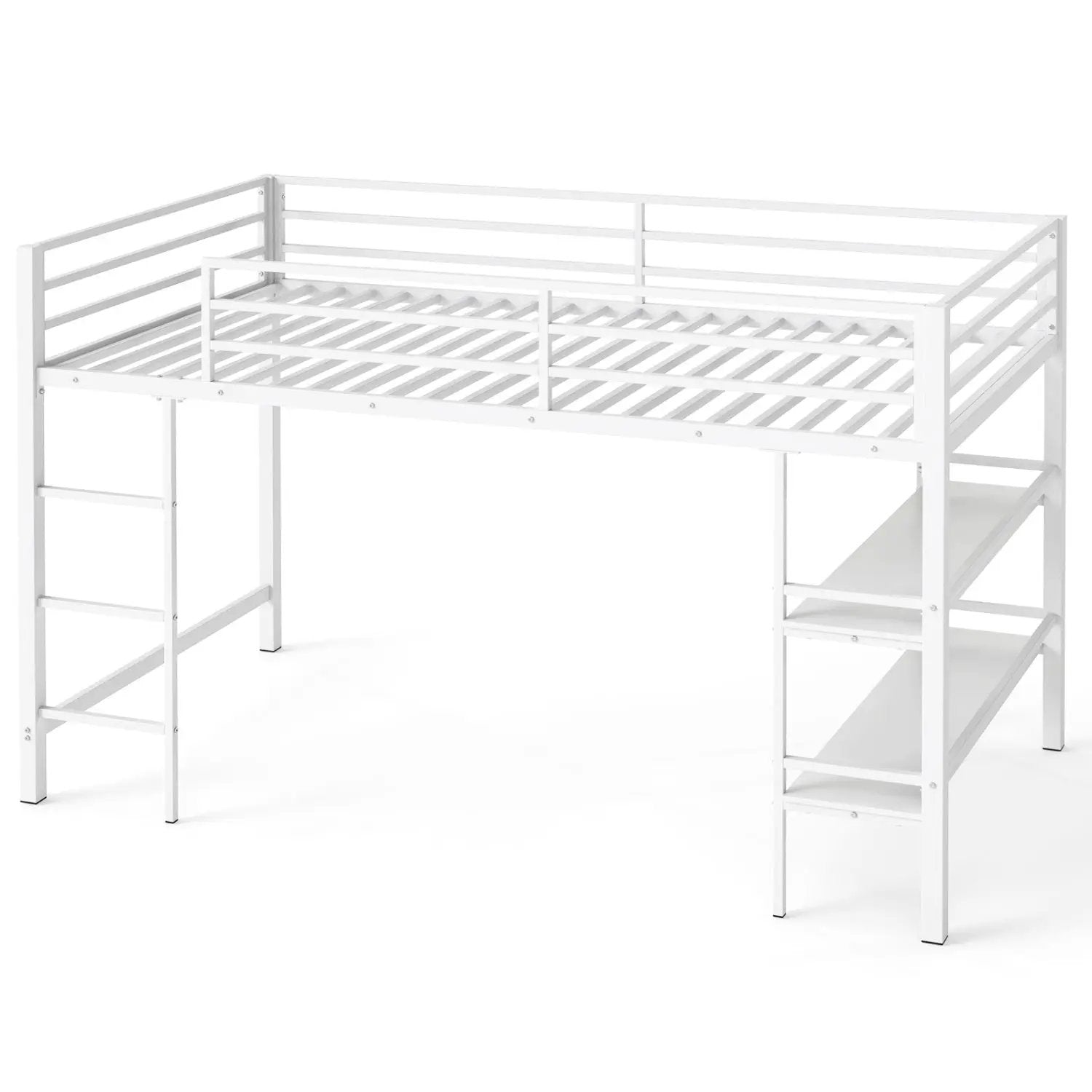 Twin Low Loft Bed with Storage Shelves and Ladder - White by DirectDeals