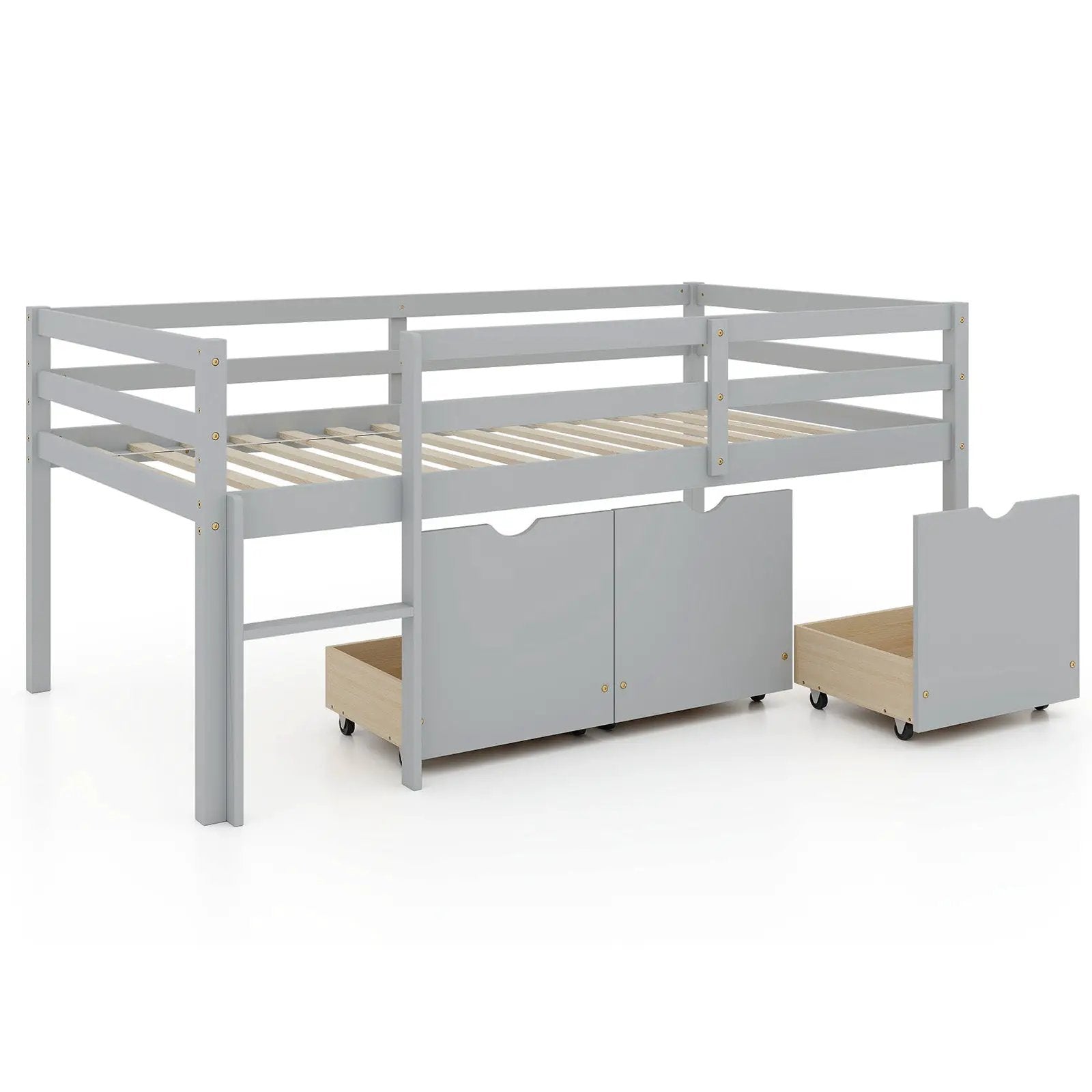 Twin Size Low Loft Bed with 3 Drawers with Ladder and Full-length Guardrails by DirectDeals