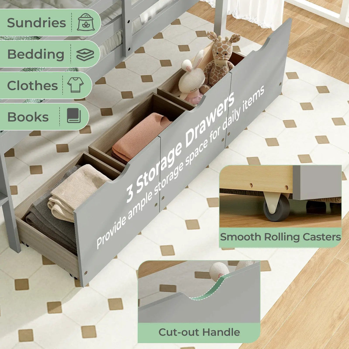 Twin Size Low Loft Bed with 3 Drawers with Ladder and Full-length Guardrails, photo 6 of 9