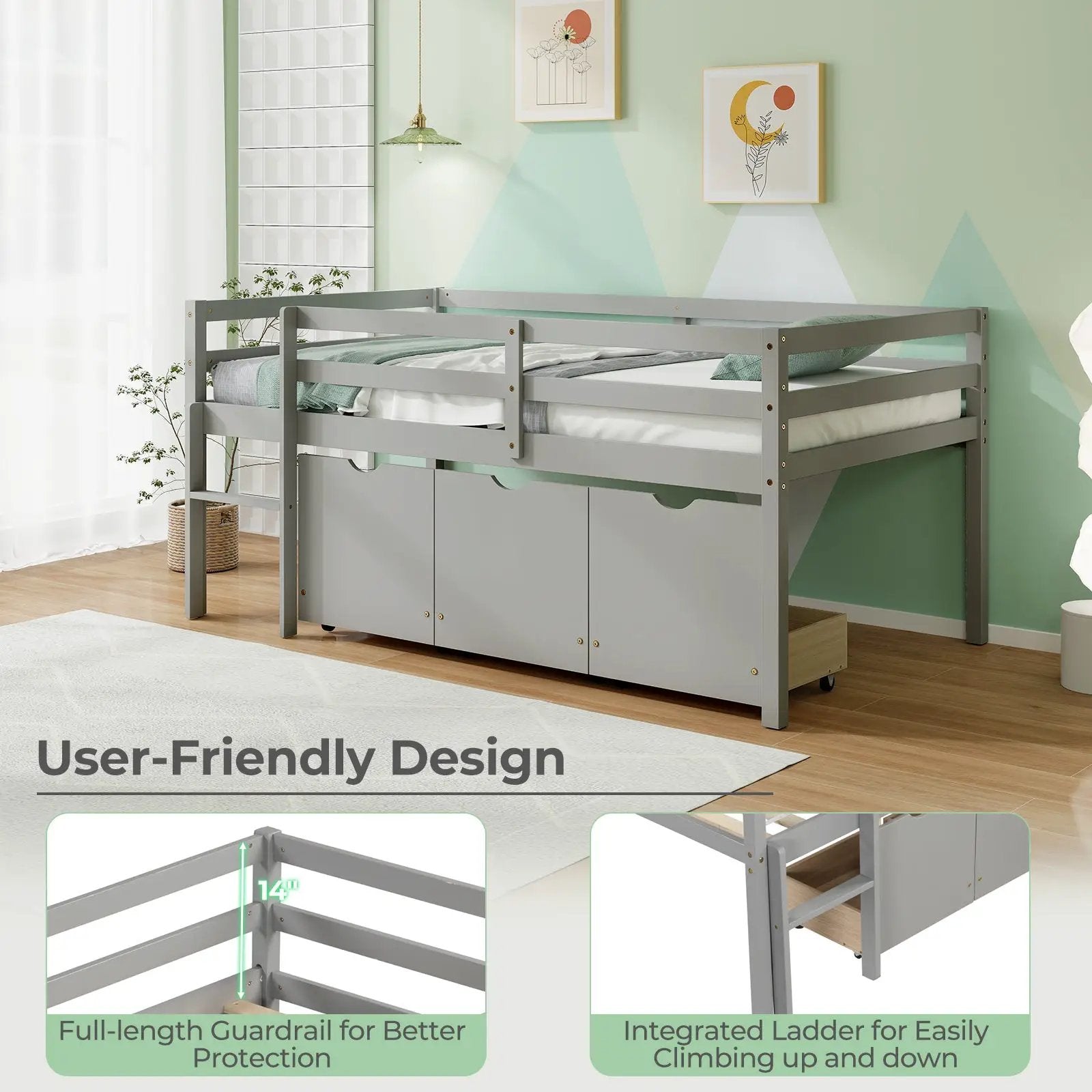 Twin Size Low Loft Bed with 3 Drawers with Ladder and Full-length Guardrails by DirectDeals