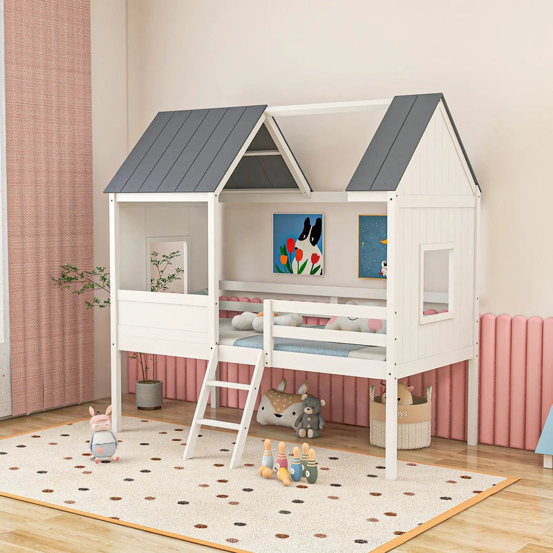 Twin Size Kids House Bed Low Loft Bed Frame with Roof-White by DirectDeals